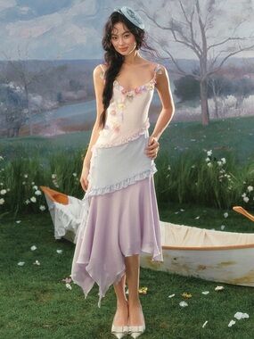 Pastel Lavender and Cream Floral Ruffle Slip Dress